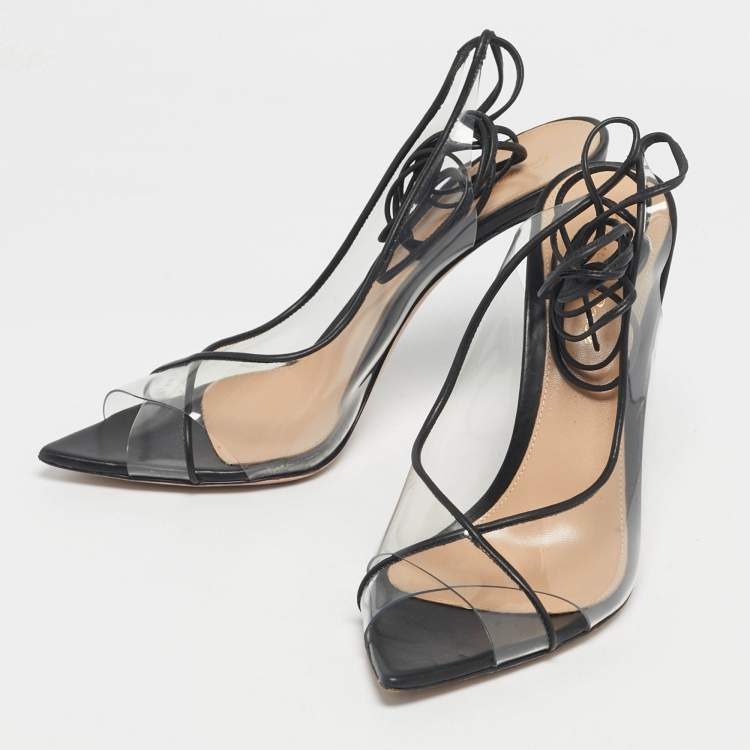 Pre Owned Gianvito Rossi Transparent/Black Leather and PVC Plexi Ankle Wrap Sandals Size 39