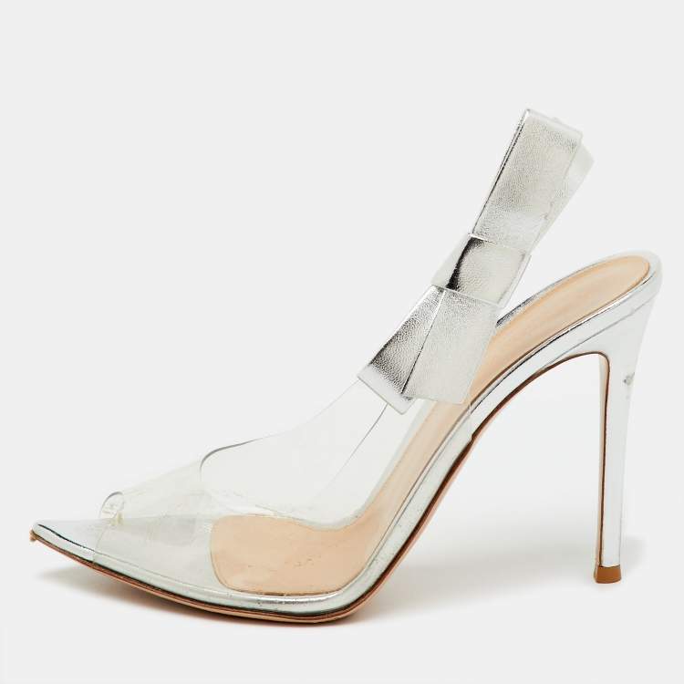 Pre Owned Gianvito Rossi Silver/Transparent Leather and PVC Sandals Size 39