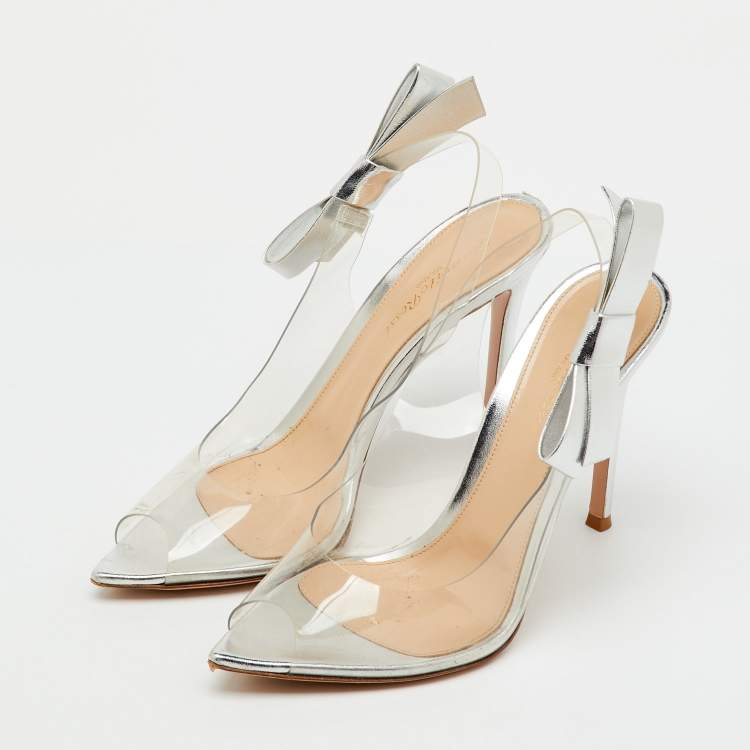 Pre Owned Gianvito Rossi Silver/Transparent Leather and PVC Sandals Size 39