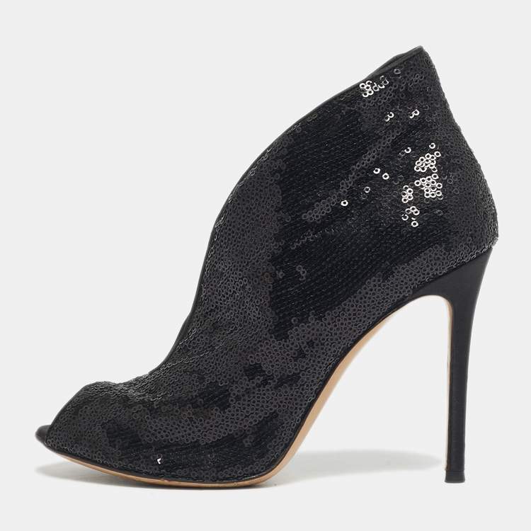 Pre Owned Gianvito Rossi Black Satin and Sequins Vamp Peep Toe Booties Size 38