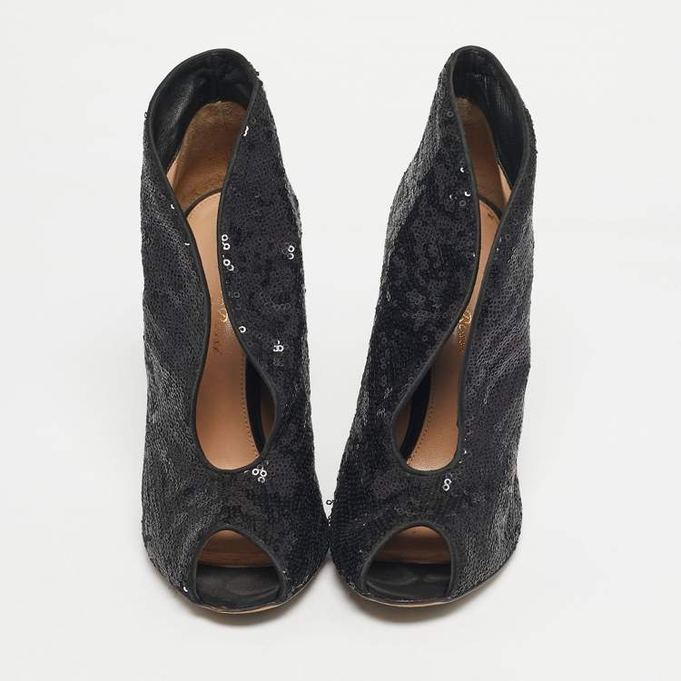 Pre Owned Gianvito Rossi Black Satin and Sequins Vamp Peep Toe Booties Size 38