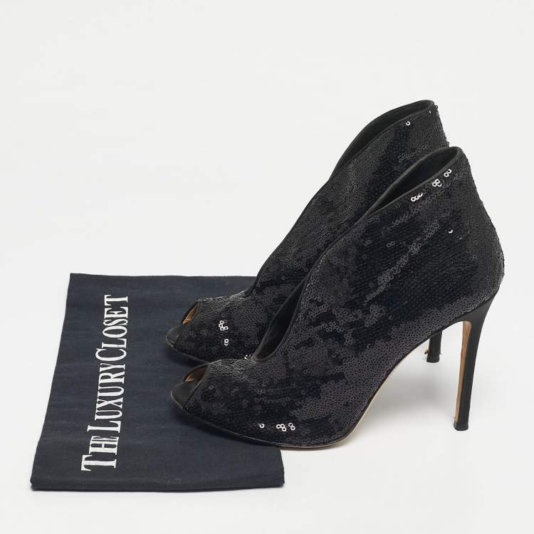 Pre Owned Gianvito Rossi Black Satin and Sequins Vamp Peep Toe Booties Size 38