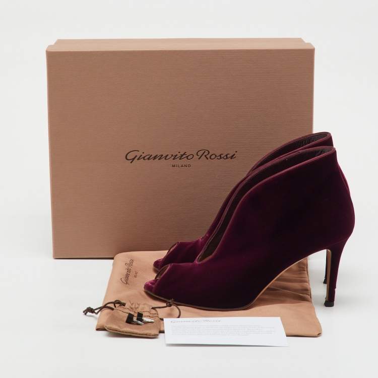 Pre Owned Gianvito Rossi Burgundy Velvet Vamp Platform Booties Size 38.5