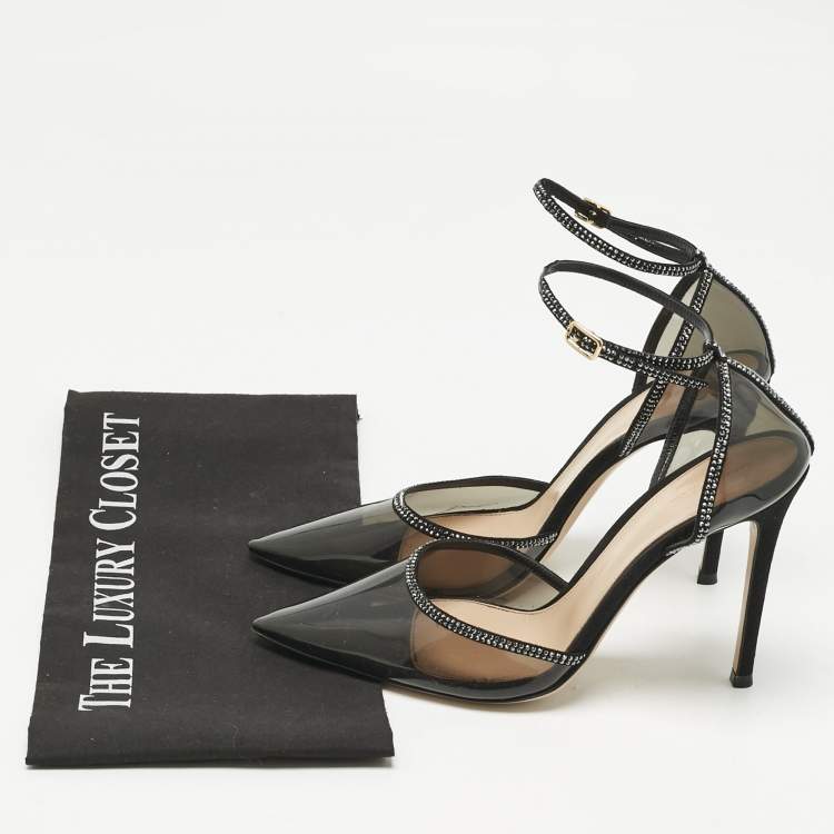 Pre Owned Gianvito Rossi Black PVC and Leather Crystal Embellished Ankle Strap Pumps Size 38