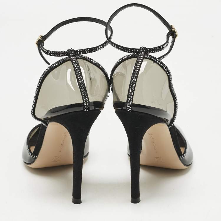 Pre Owned Gianvito Rossi Black PVC and Leather Crystal Embellished Ankle Strap Pumps Size 38
