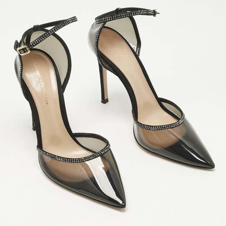 Pre Owned Gianvito Rossi Black PVC and Leather Crystal Embellished Ankle Strap Pumps Size 38