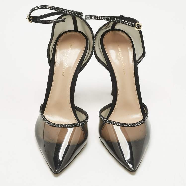 Pre Owned Gianvito Rossi Black PVC and Leather Crystal Embellished Ankle Strap Pumps Size 38