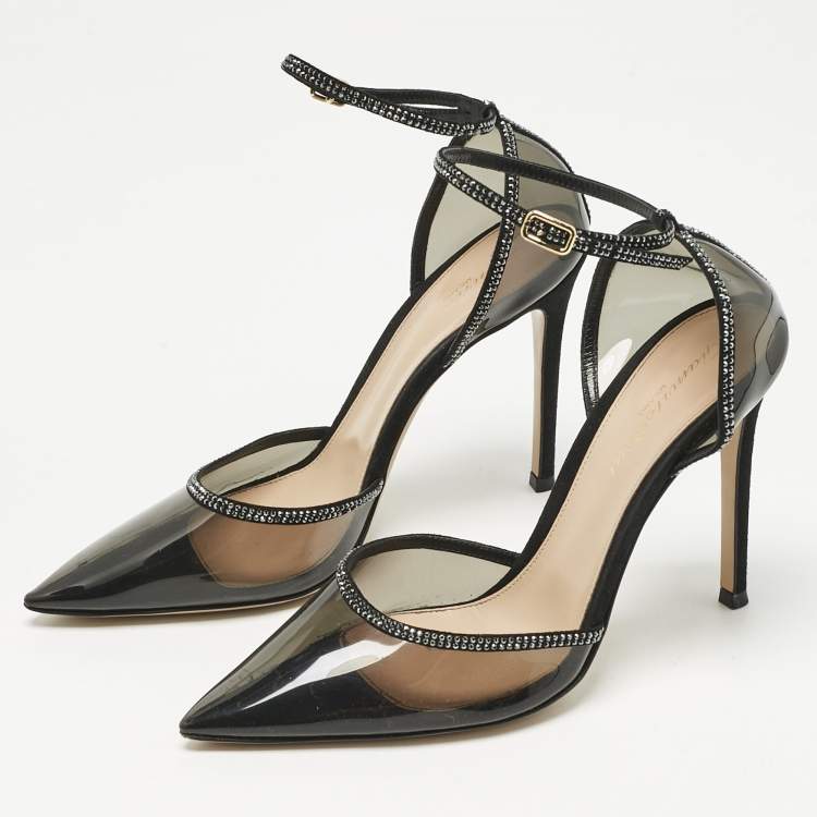 Pre Owned Gianvito Rossi Black PVC and Leather Crystal Embellished Ankle Strap Pumps Size 38