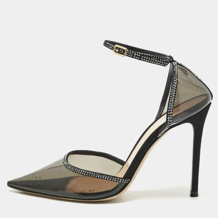 Pre Owned Gianvito Rossi Black PVC and Leather Crystal Embellished Ankle Strap Pumps Size 38