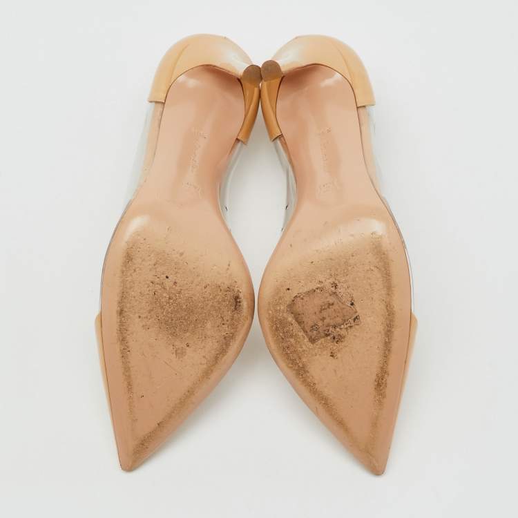 Pre Owned Gianvito Rossi Beige Patent Leather and PVC Plexi Pointed Toe Pumps Size 36.5