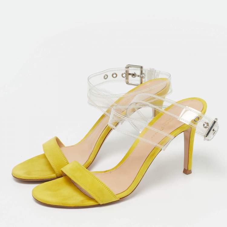 Pre Owned Gianvito Rossi Yellow/Transperent PVC and Suede Stella Ankle Strap Sandals Size 37.5