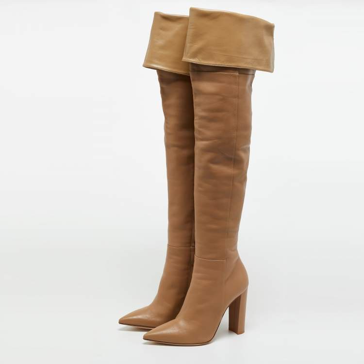 Pre Owned Gianvito Rossi Beige Leather Over The Knee Boots Size 39