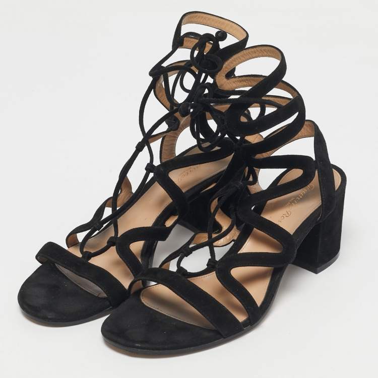 Pre Owned Gianvito Rossi Black Suede Gladiator Block Heel Sandals Size 39