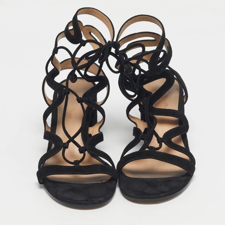 Pre Owned Gianvito Rossi Black Suede Gladiator Block Heel Sandals Size 39