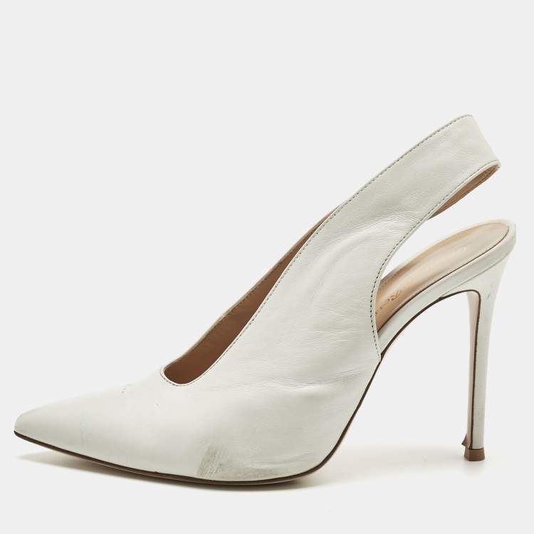 Pre Owned Gianvito Rossi White Leather Thick Slingback Pumps Size 39