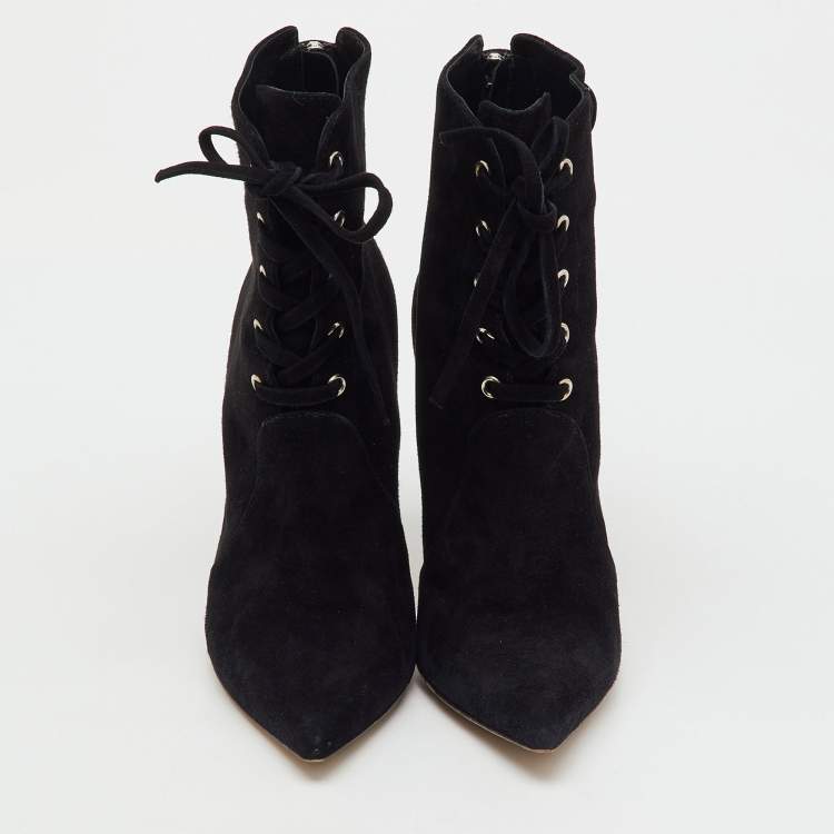 Pre Owned Gianvito Rossi Black Suede Pointed Toe Lace Up Ankle Length Boots Size 38