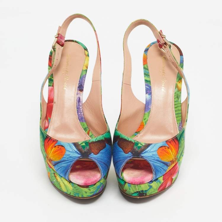 Pre Owned Gianvito Rossi Multicolor Fabric Platform Slingback Sandals Size 38.5