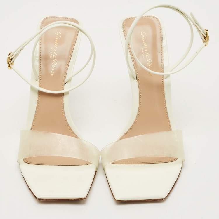 Pre Owned Gianvito Rossi White Patent Leather and PVC Odyssey Ankle Strap Sandals Size 39