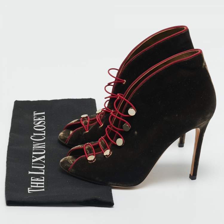 Pre Owned Gianvito Rossi Brown Velvet Miral Open Toe Ankle Boots Size 37