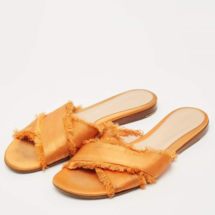 Pre Owned Gianvito Rossi Orange Satin Barth Flat Slides Size 37.5