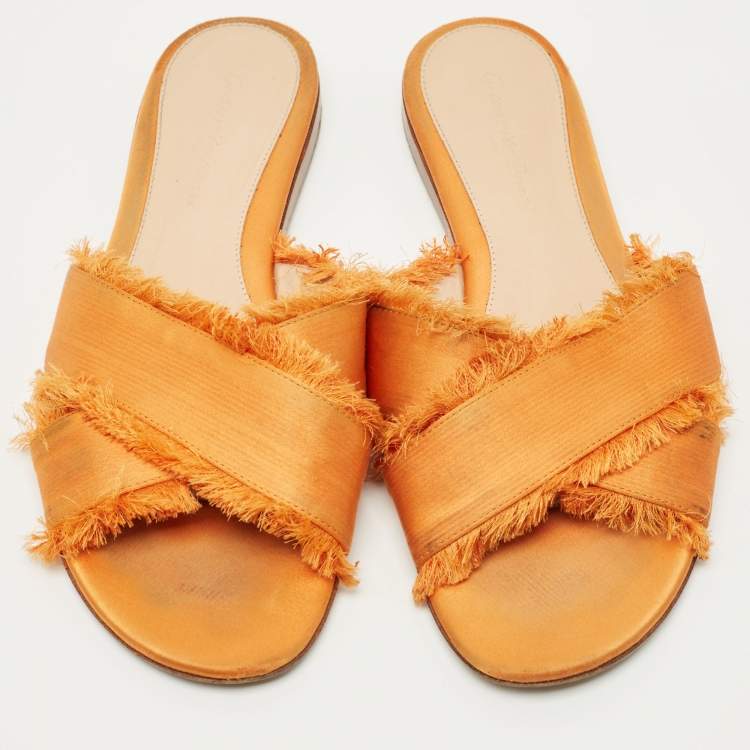Pre Owned Gianvito Rossi Orange Satin Barth Flat Slides Size 37.5