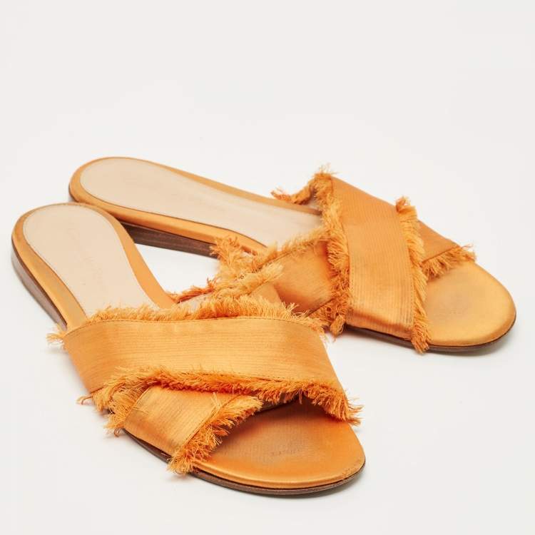 Pre Owned Gianvito Rossi Orange Satin Barth Flat Slides Size 37.5