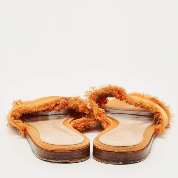 Pre Owned Gianvito Rossi Orange Satin Barth Flat Slides Size 37.5
