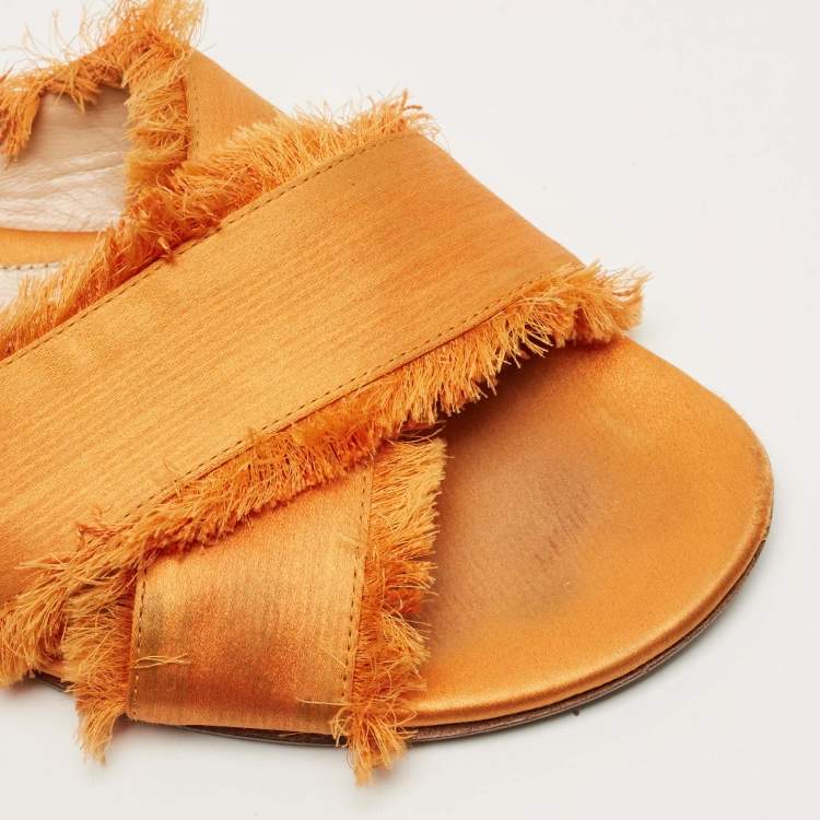 Pre Owned Gianvito Rossi Orange Satin Barth Flat Slides Size 37.5