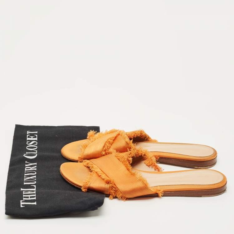 Pre Owned Gianvito Rossi Orange Satin Barth Flat Slides Size 37.5