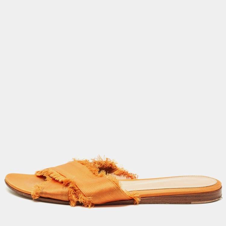 Pre Owned Gianvito Rossi Orange Satin Barth Flat Slides Size 37.5