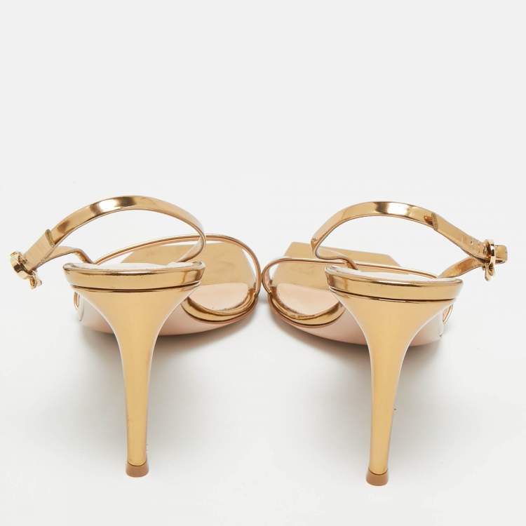 Pre Owned Gianvito Rossi Gold Foil Leather Ribbon Stiletto Ankle Strap Sandals Size 41