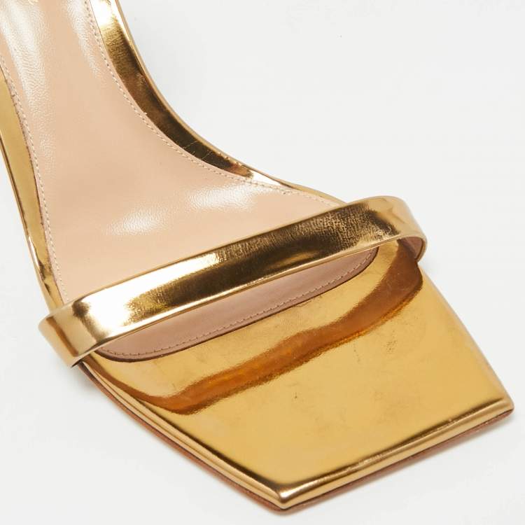 Pre Owned Gianvito Rossi Gold Foil Leather Ribbon Stiletto Ankle Strap Sandals Size 41