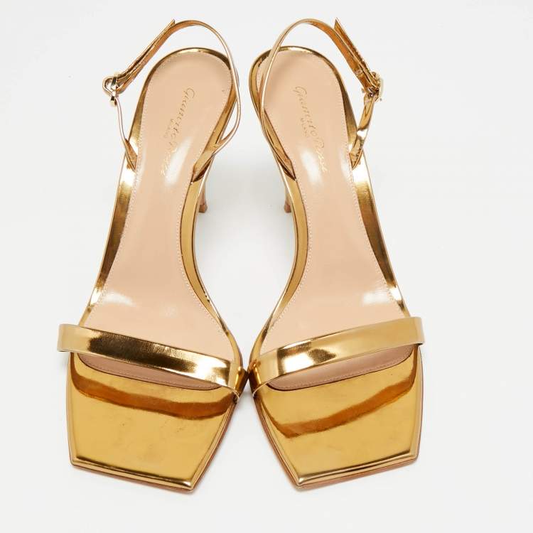 Pre Owned Gianvito Rossi Gold Foil Leather Ribbon Stiletto Ankle Strap Sandals Size 41