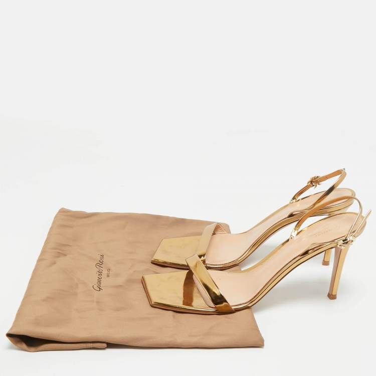 Pre Owned Gianvito Rossi Gold Foil Leather Ribbon Stiletto Ankle Strap Sandals Size 41