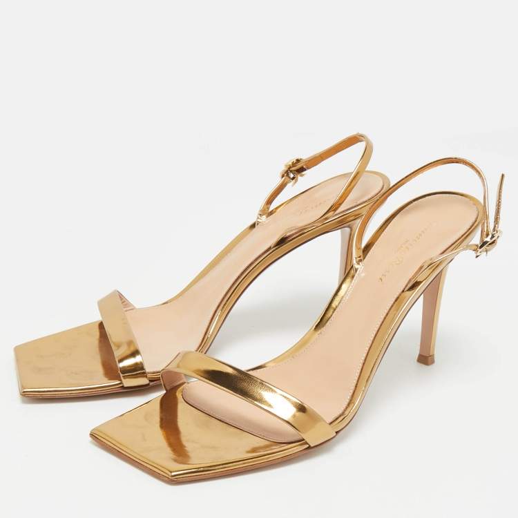 Pre Owned Gianvito Rossi Gold Foil Leather Ribbon Stiletto Ankle Strap Sandals Size 41