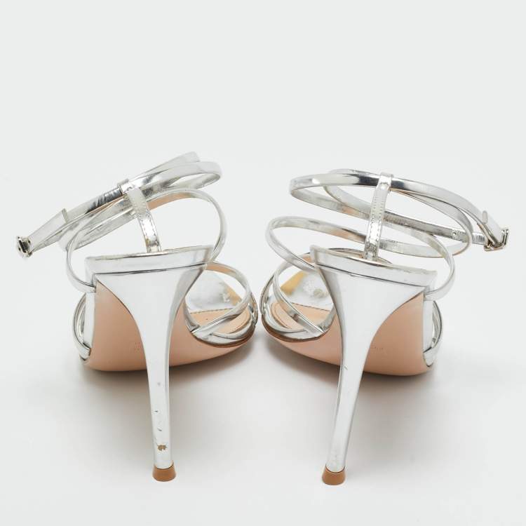 Pre Owned Gianvito Rossi Silver Leather Kim Ankle Wrap Sandals Size 37.5