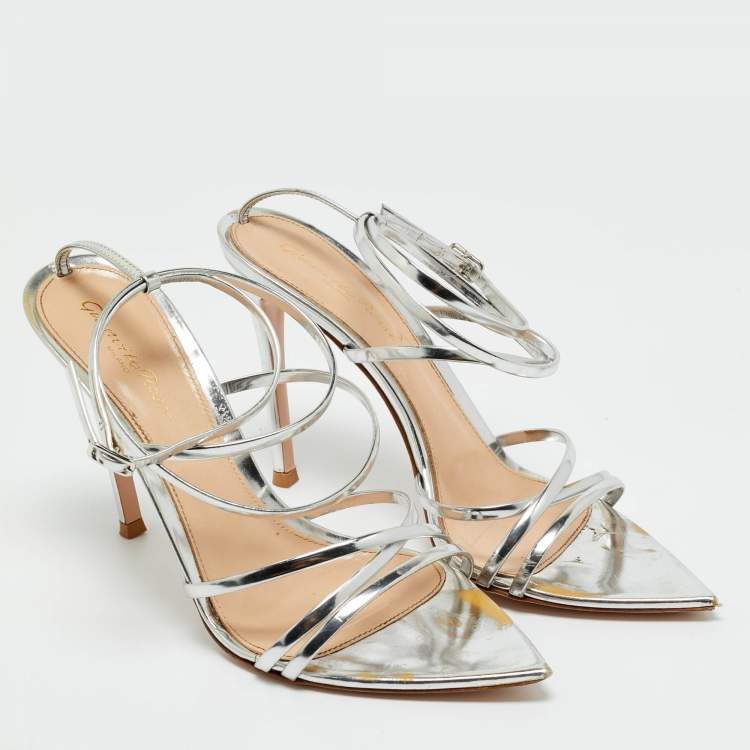 Pre Owned Gianvito Rossi Silver Leather Kim Ankle Wrap Sandals Size 37.5