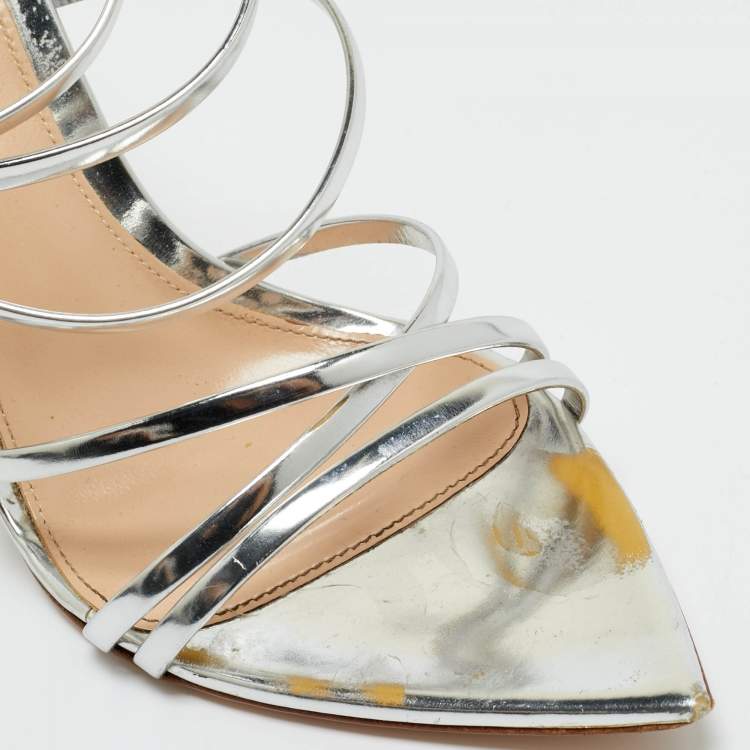 Pre Owned Gianvito Rossi Silver Leather Kim Ankle Wrap Sandals Size 37.5