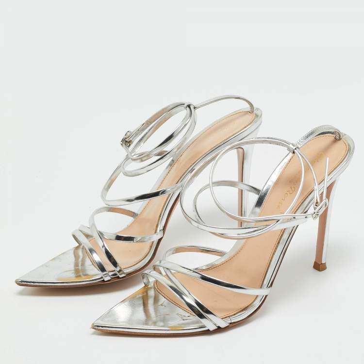 Pre Owned Gianvito Rossi Silver Leather Kim Ankle Wrap Sandals Size 37.5