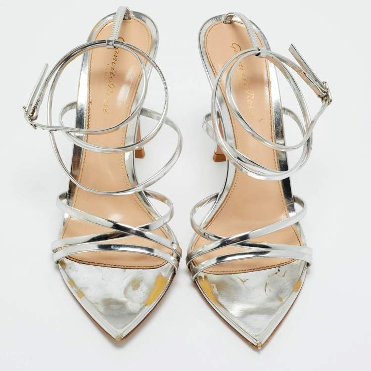Pre Owned Gianvito Rossi Silver Leather Kim Ankle Wrap Sandals Size 37.5