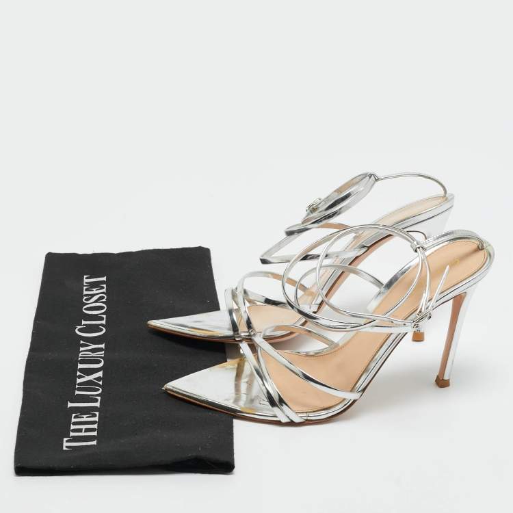 Pre Owned Gianvito Rossi Silver Leather Kim Ankle Wrap Sandals Size 37.5