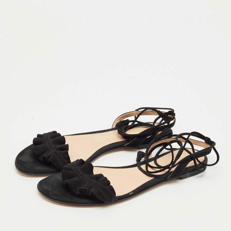 Pre Owned Gianvito Rossi Black Suede Ruffle Detail Ankle Wrap Flat Sandals Size 41