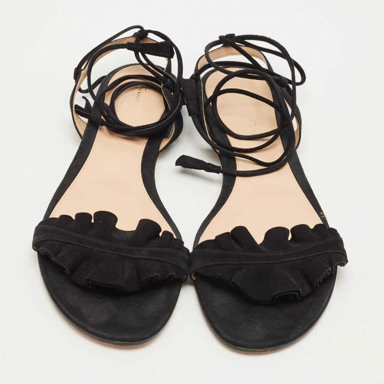 Pre Owned Gianvito Rossi Black Suede Ruffle Detail Ankle Wrap Flat Sandals Size 41