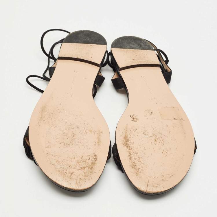 Pre Owned Gianvito Rossi Black Suede Ruffle Detail Ankle Wrap Flat Sandals Size 41