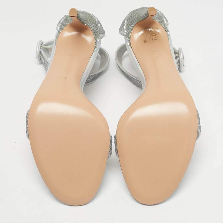 Pre Owned Gianvito Rossi Silver Iridescent Leather and Sequins Portofino Ankle Strap Sandals Size 42