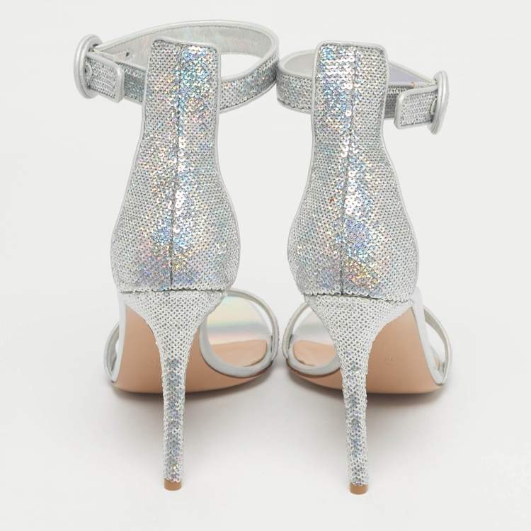 Pre Owned Gianvito Rossi Silver Iridescent Leather and Sequins Portofino Ankle Strap Sandals Size 42