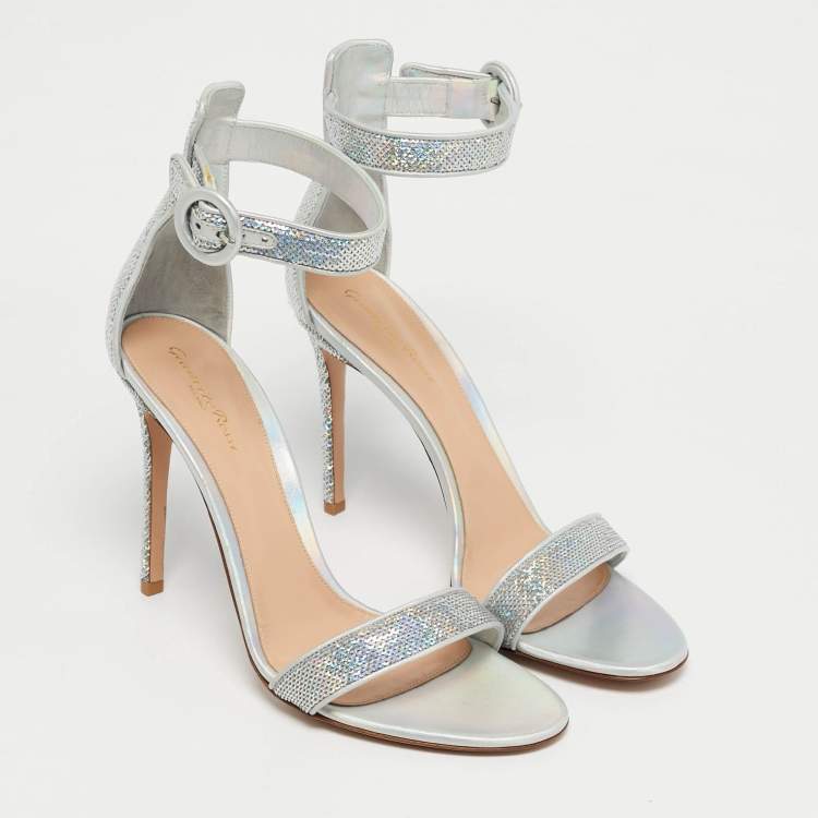 Pre Owned Gianvito Rossi Silver Iridescent Leather and Sequins Portofino Ankle Strap Sandals Size 42