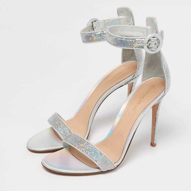 Pre Owned Gianvito Rossi Silver Iridescent Leather and Sequins Portofino Ankle Strap Sandals Size 42