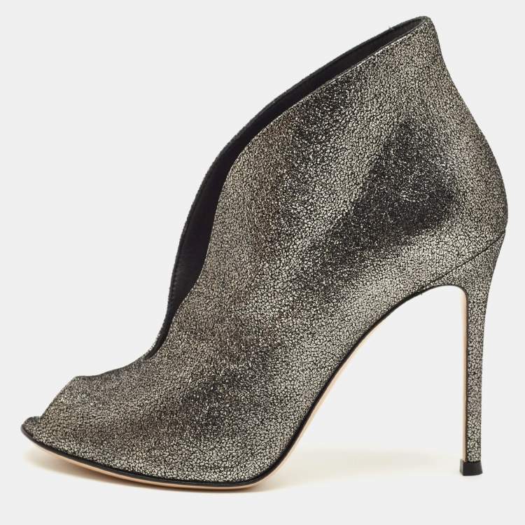 Pre Owned Gianvito Rossi Metallic Grey Leather Vamp Peep Toe Booties Size 37.5