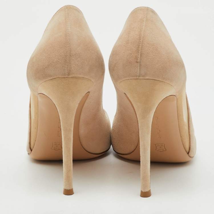 Pre Owned Gianvito Rossi Beige Suede and Mesh Pointed Toe Pumps Size 39.5